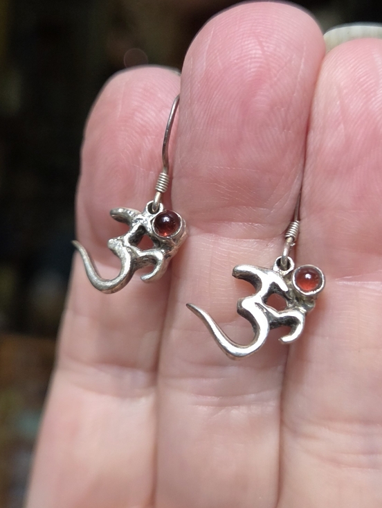 Kharma Collection by Avelon Jewelry - Sterling Silver OM Drop Earrings with Red Garnet Accent